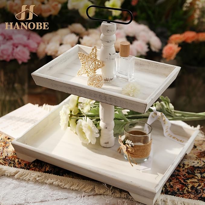 Hanobe Tiered Tray for Table Decor: Christmas 2 Tier Decorative Tray Stand for Coffee Bar - Large Rustic White Centerpiece Display Stands for Holiday - Wood for Kitchen Counter Decorations