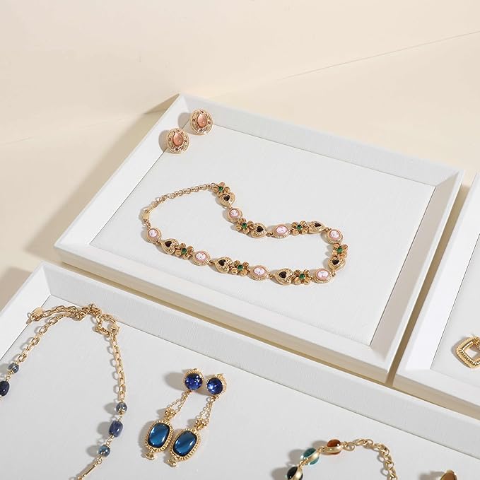 GemeShou Gemehou faux PU leather Jewelry Viewing Tray, Stackable Jewelry Plate, Rectangle Jewelry showcase, Empty Jewelry tray for Necklace Bracelet Ring Earring Watch (White-Medium, 11.8 x 9.1 in)