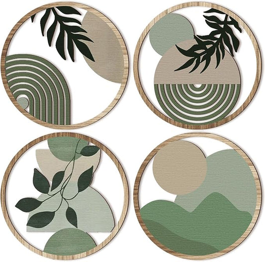 Qunclay 4 Pcs Boho Wall Art Bohemian Wooden Round Circle Wall Decor Hollow out Hanging Farmhouse Aesthetic for Bedroom Living Room Bathroom Bedroom Bathroom Patio Apartment Gift 10 Inch (Green)
