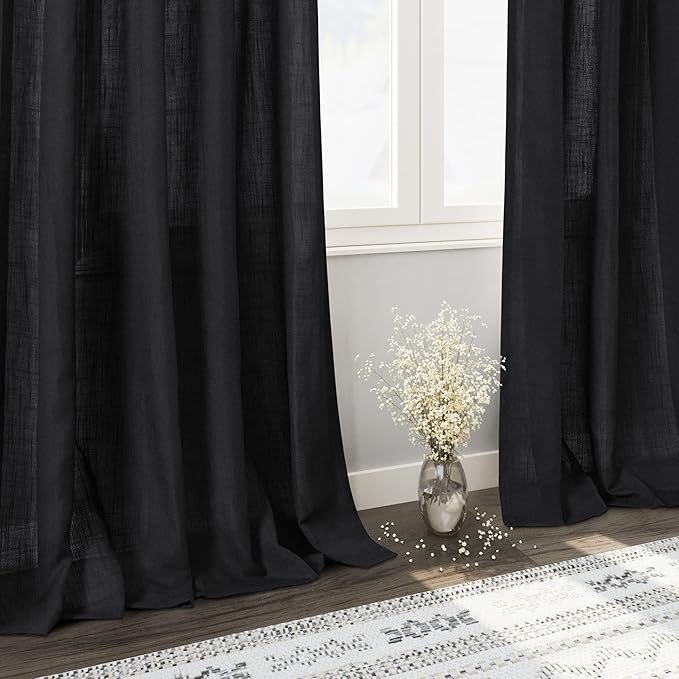 Nanspring Black Boho Curtains for Bedroom Back Tab Rod Pocket Semi Sheer Linen Curtains 90 Inches Long 2 Panel Set Light Filtering Neutral Farmhouse Lightweight Drapes for Living Room 40x90 Inches