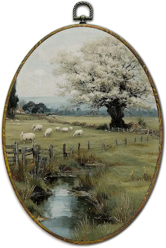 XFCICRLJ Vintage Rustic Farmhouse Sheep Wall Art Decor, Country Landscape Oval Canvas Prints Framed, Cottagecore Farm Animal Wall Art Decorations for Home Bedroom Living Room Decor, 11x8.5 Inch