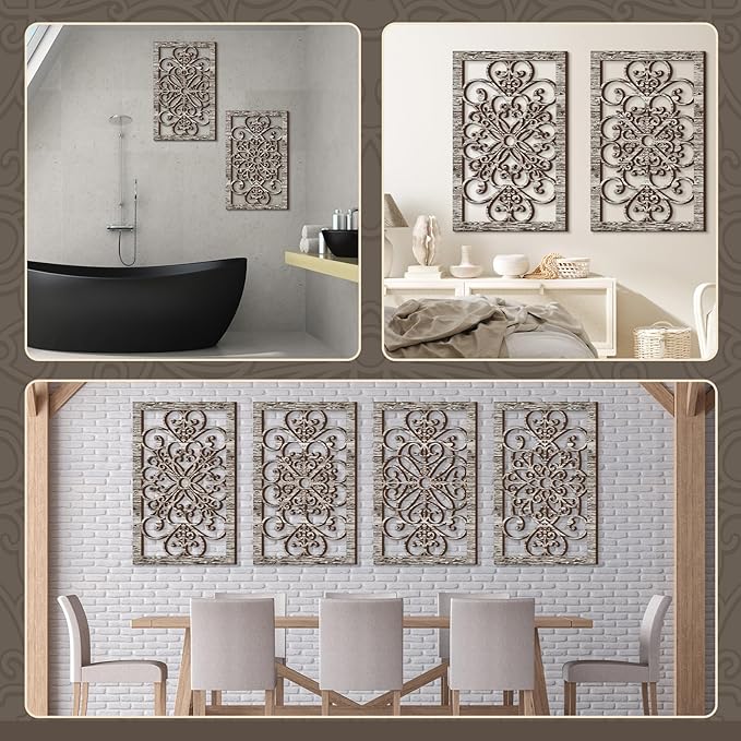 Yulejo 4 Pcs Thicken Rustic Wall Decor Modern Farmhouse Art Decor Wooden Hollow Carved Design Rustic Art for Living Room Hallway Decor Office Kitchen Wall