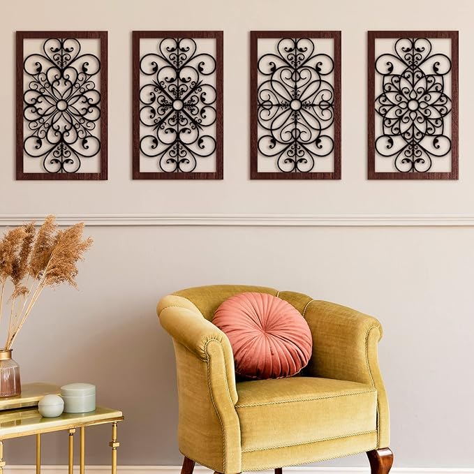 4 Pieces Thicken Rustic Wall Decor Modern Farmhouse Wooden Hollow Carved Design Wall Art for Living Room Bedroom Hallway Decor Office Kitchen Wall Decoration (Traditional Style)