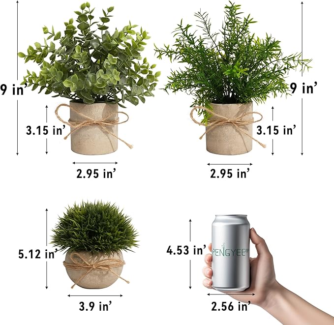 4 Pack Small Fake Plants for Bathroom Decor, Artificial Plants Indoor, Faux Plants Indoor Eucalyptus Rosemary for Home Kitchen Farmhouse Office Room Decor