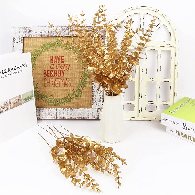 Tinsow 26pcs Artificial Eucalyptus Stems Gold Faux Eucalyptuses Branch Real Touch Leaf Wedding Bouquet Minimalist Fall Home Decor