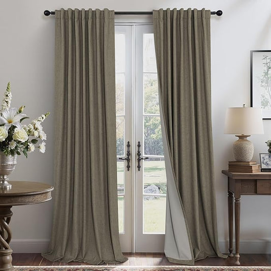 Linen Brown Curtains for Bedroom 84 Inch Long 2 Panel Burg 100% Blackout Back Tab Pleated Look Drape Light Blocking Thermal Insulated Burlap Farmhouse Black Out Curtain for Living Room 52x84 in Length