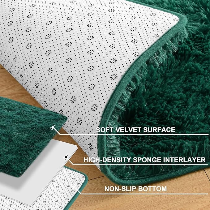 Merelax Fluffy Shaggy Area Rug, Deep Green 2x3 Small Rugs for Fireplace Christmas Holiday Decor, Mini Fuzzy Plush Throw Rug, Soft Non-Slip Entryway Rugs Shag Catpet for Livingroom Home Aesthetic