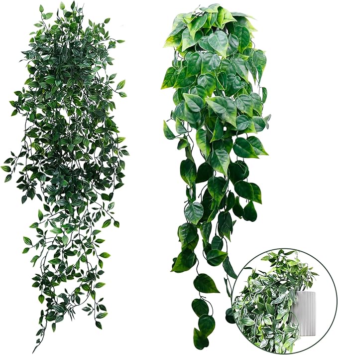 Artificial Hanging Plants for Shelf, 2-Pack Fake Potted Greenery Faux Mandala and Pothos Ivy Vines in Black Pot, Décor for Office Living Room Bathroom Indoor Outdoor