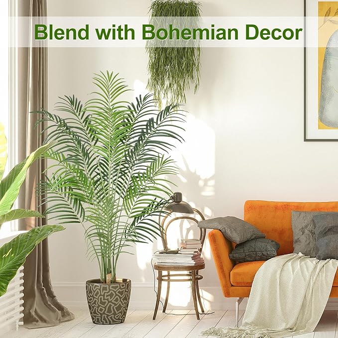 Artificial Palm Tree 5.5ft Tall Fake Palm Tree Indoor Decor with 15 Trunks and Real Bark Design Faux Tropical Areca Palm Silk Floor Plant in Pot for Home Office Living Room Bedroom Decor 1pcs