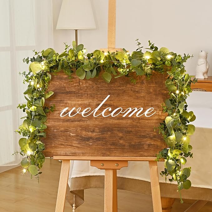 Dolicer 6 Packs 6FT Artificial Eucalyptus Garland with LED Light String, Faux Greenery Garland Hanging Fake Silver Dollar Eucalyptus Leaves Vines for Wedding Backdrop Arch Table Wall Party Home Decor
