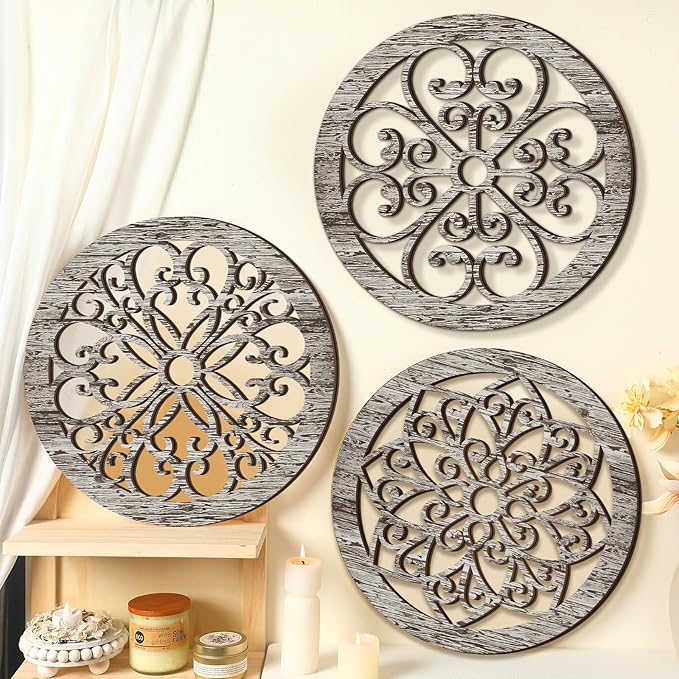 Yulejo 4 Pcs Thicken Rustic Wall Decor Farmhouse Kitchen Wall Round Art Wooden Hollow Carved Design Rustic Art for Living Room Bedroom Hallway Decor (15.7 x 15.7 Inch,Retro White)