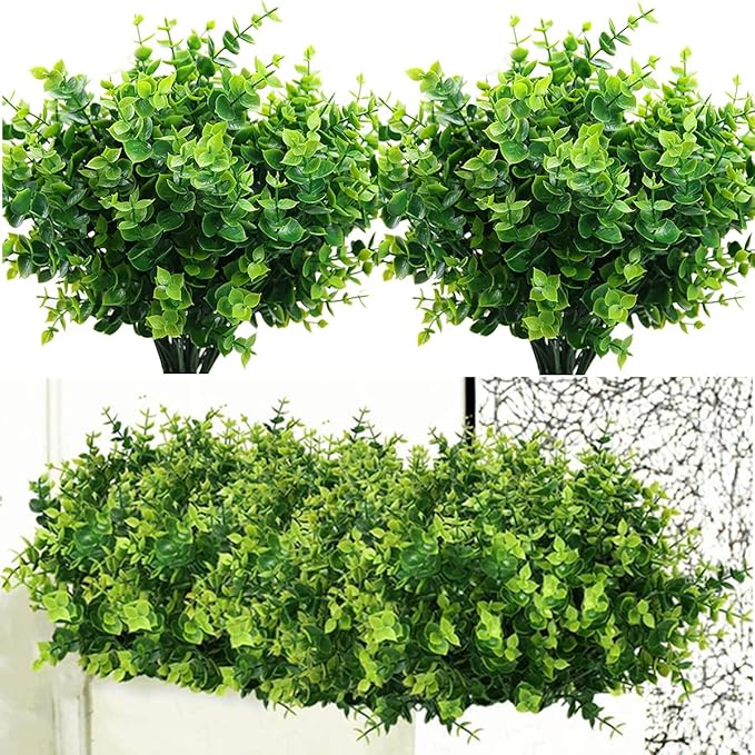 PASYOU Artificial Shrub, Fake Bush Simulation Eucalyptus Grass Greenery Leaves Plastic Plants Indoor Outdoor Outside Home Garden Office Bathroom Verandah Wedding Décor Decoration Planter Filler 8 Pcs