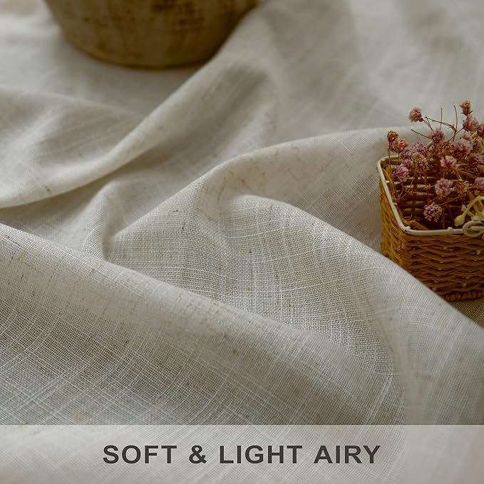 Flax Linen Curtains 108 Inches Long for Kids Room 2 Panels Back Tab Pocket Window Draperies Light Filtering Semi Privacy Beige Sheer Curtains for Living Room Sliding Door Track Cotton Canvas Look 9 FT