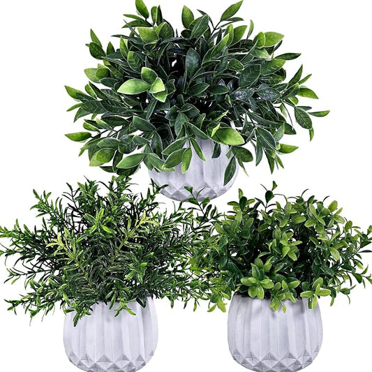 Winlyn 3 Pcs Faux Potted Plants Set - Artificial Eucalyptus, Rosemary, Boxwood Greenery in Small White Geometric Planters for Indoor Outdoor Desk Table Centerpiece Shelf Windowsill Home Office Decor