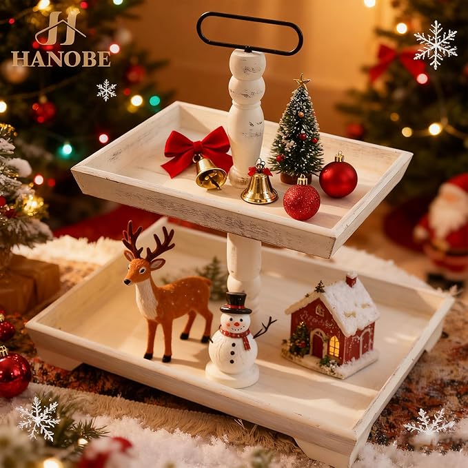 Hanobe Tiered Tray for Table Decor: Christmas 2 Tier Decorative Tray Stand for Coffee Bar - Large Rustic White Centerpiece Display Stands for Holiday - Wood for Kitchen Counter Decorations