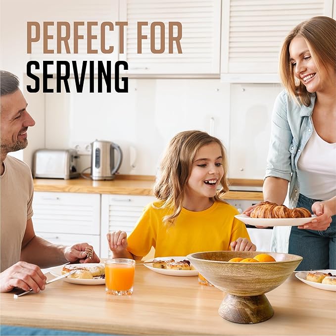 Brown Pedestal Bowl - 10 Inch, Wide Brown Footed Bowl as Fruit, Key, Decorative, Candy Holder or Centerpiece, Wooden Bowl Decorative for Kitchen, Dining Table & Modern Home Accessories