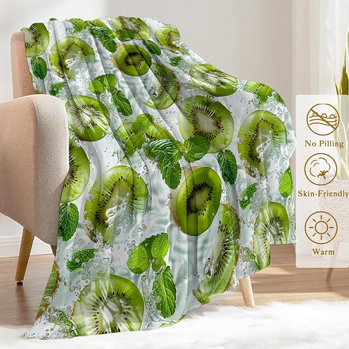 Refreshing Kiwi Mint Throw Blanket 50x60 in, Green Kiwi Mint Leaves Blankets for Couch Bedroom Living Room Indoor Decor, Lightweight Soft Cozy Bedding Birthday Gift for Kids Boys Adults