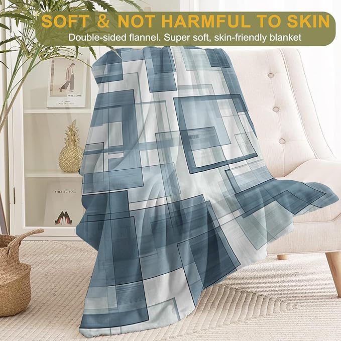 Modern Geometric Throw Blanket 50x60 in, Stylish Blue White Blankets for Couch Bedroom Living Room Indoor Decor, Lightweight Soft Cozy Bedding Birthday Gift for Kids Boys Adults