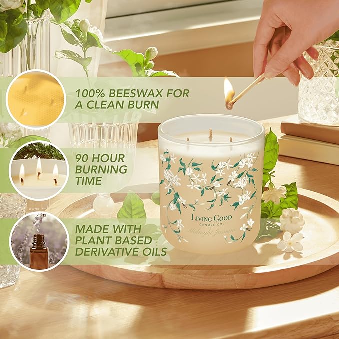 Midnight Jasmine Beeswax Candle - Nostalgic Soft Jasmine with Pink Pepper & Vanilla - Subtle & Refreshing - 90+ Hours of Clean & Non-Toxic Burn - Hand-Drawn Jar - Perfect Unique Gift - 15 OZ