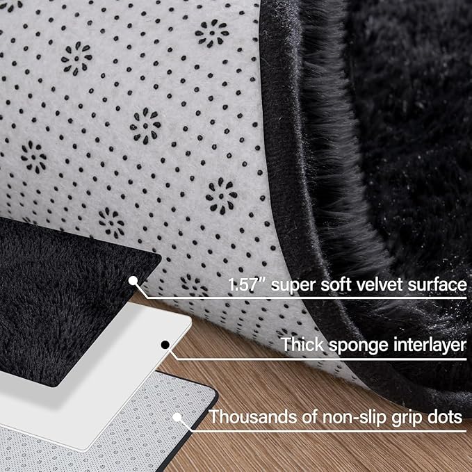 Merelax Soft Modern Indoor Large Shaggy Rug for Livingroom Bedroom Decor Aesthetic, Non-Slip Plush Dorm Kids Room Rug Fluffy Area Rugs Comfy Nursery Kids Plat Mat Accent Floor Carpet 6x9 Feet, Black