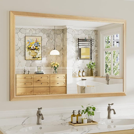 55x36 Inch Bathroom Mirror for Wall, Anti-Rust Oak Wood Grain Metal Framed Bathroom Mirrors for Over Sink,Rectangler Mirrors for Bathroom Vanity, Farmhouse, Bedroom, Living Room, Entryway Decor