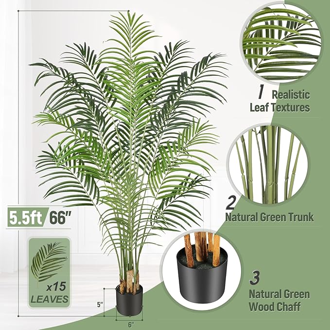 Artificial Palm Tree 5.5ft Tall Fake Palm Tree Indoor Decor with 15 Trunks and Real Bark Design Faux Tropical Areca Palm Silk Floor Plant in Pot for Home Office Living Room Bedroom Decor 1pcs