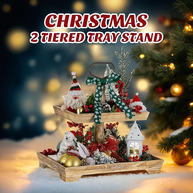 Hanobe Tiered Tray for Table Decor: 2 Tier Serving Stand Farmhouse Decorative Tray for Coffee Bar Centerpiece Rectangle Wood Display Stands Kitchen Counter (Rustic Brown)