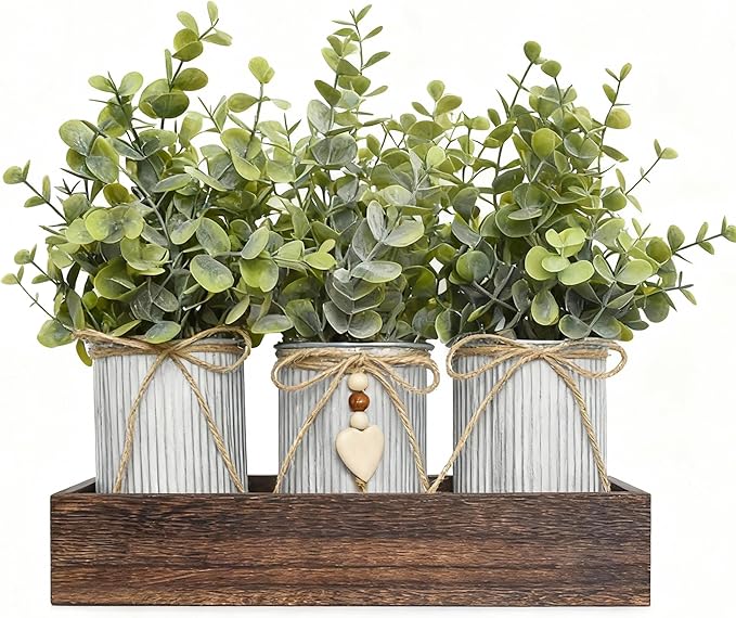 Artificial Flower Decorative Centerpiece, Frosty Green Eucalyptus Table Arrangement with 3 Rustic Metal Pots and Wood Tray for Farmhouse Home Décor