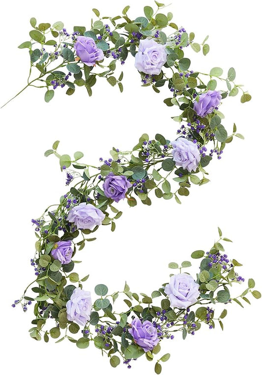 Anna's Whimsy 5.91FT Artificial Eucalyptus Garland with Flowers, Fake Rose Gypsophila Garland, Faux Floral Greenery for Wedding Spring Home Party Craft Art Table Runner Decor