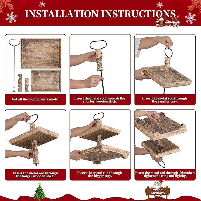 Hanobe Tiered Tray for Table Decor: 2 Tier Serving Stand Farmhouse Decorative Tray for Coffee Bar Centerpiece Rectangle Wood Display Stands Kitchen Counter (Rustic Brown)