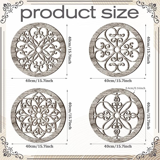 Yulejo 4 Pcs Thicken Rustic Wall Decor Farmhouse Kitchen Wall Round Art Wooden Hollow Carved Design Rustic Art for Living Room Bedroom Hallway Decor (15.7 x 15.7 Inch,Retro White)