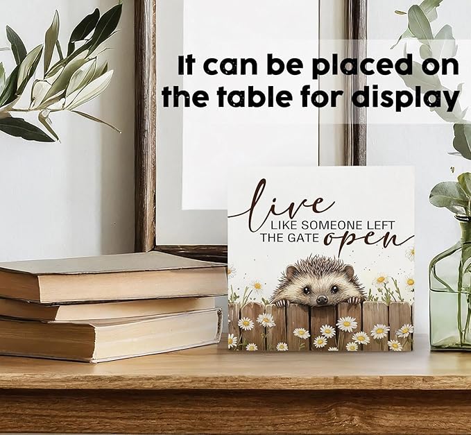 Hedgehog Wooden Box Sign -Rustic Farmhouse Live Like Someone Left the Gate Open Signs for Home Decor, Farm Cottagecore Animal Office Kitchen Bedroom Decor, Hedgehog Gifts for Women, 8x8