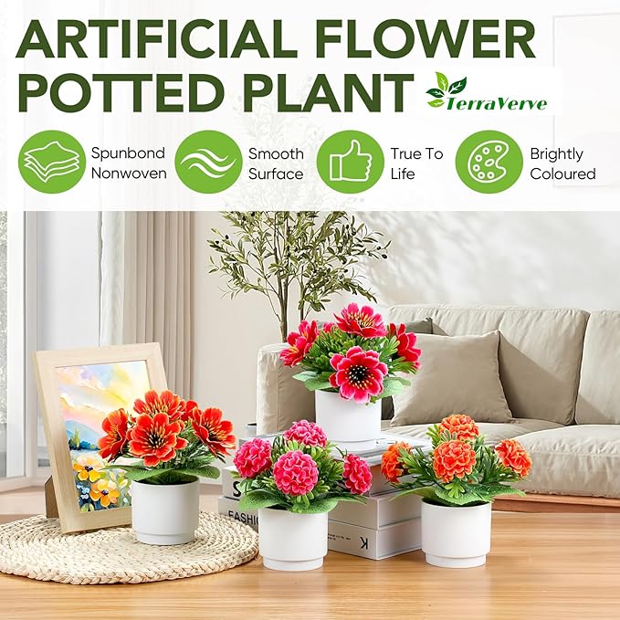 Artificial Plants Set of 4，High Rating Artificialke Flowers|Red Silk Flowers for Home, Office, Bedroom, Bathroom Table Décor & Gifts for Women and Children