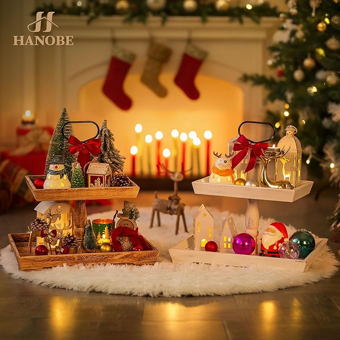 Hanobe Tiered Tray for Table Decor: 2 Tier Serving Stand Farmhouse Decorative Tray for Coffee Bar Centerpiece Rectangle Wood Display Stands Kitchen Counter (Rustic Brown)