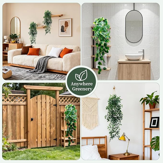 Artificial Hanging Plants for Shelf, 2-Pack Fake Potted Greenery Faux Mandala and Pothos Ivy Vines in Black Pot, Décor for Office Living Room Bathroom Indoor Outdoor