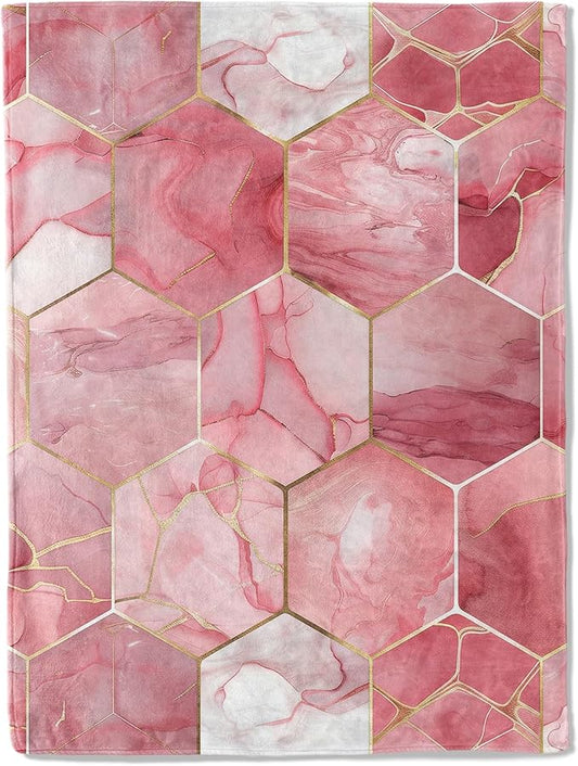 Elegant Marble Throw Blanket 50x60 in, Luxurious Pink Hexagon Blankets for Couch Bedroom Living Room Indoor Decor, Lightweight Soft Cozy Bedding Birthday Gift for Kids Girls Adults