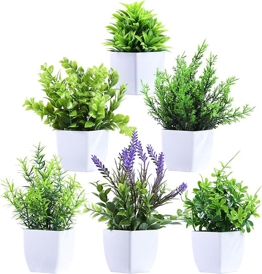 6 Pack Small Fake Plants Mini Artificial Potted Plants for Table Desk Home Laundry Room Bathroom Office Decoration (White)