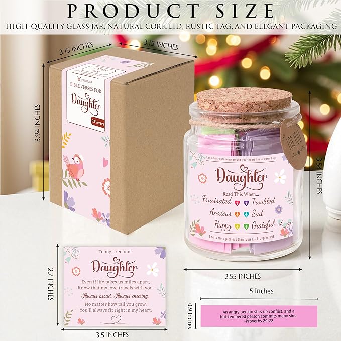 Bible Verse Jar for Daughter – 92 Encouraging Scriptures by Emotion, Christian Gift from Mom or Dad, Inspirational Jar for Teen Girls & Adult Daughter