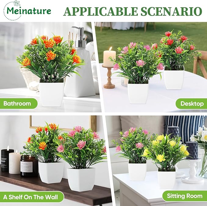 4 Pack Small Artificial Plants with Flowers - Mini Fake Potted Plants for Home Decor Indoor, Office Desk, Bathroom, Shelf, Table Decorations