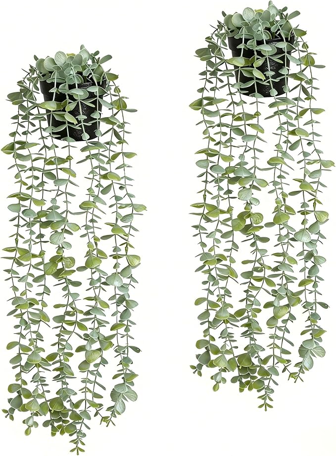 echosari 2 PCS Fake Hanging Plants, Artificial Potted Plants Eucalyptus, Greenery Faux Plants Indoor for Modern Boho Home Bedroom Wall Book Shelf Decor