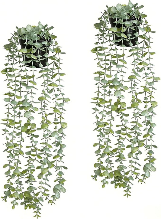 echosari 2 PCS Fake Hanging Plants, Artificial Potted Plants Eucalyptus, Greenery Faux Plants Indoor for Modern Boho Home Bedroom Wall Book Shelf Decor