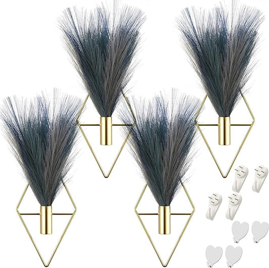 Hanaive 4 Sets Boho Wall Decor Metal Wall Art Hanging Planters with Artificial Pampas Display Modern Home Vase for Bedroom Home Office(Mazarine, Turquoise, Peacock Blue, Light Gray,Gradient Blue)