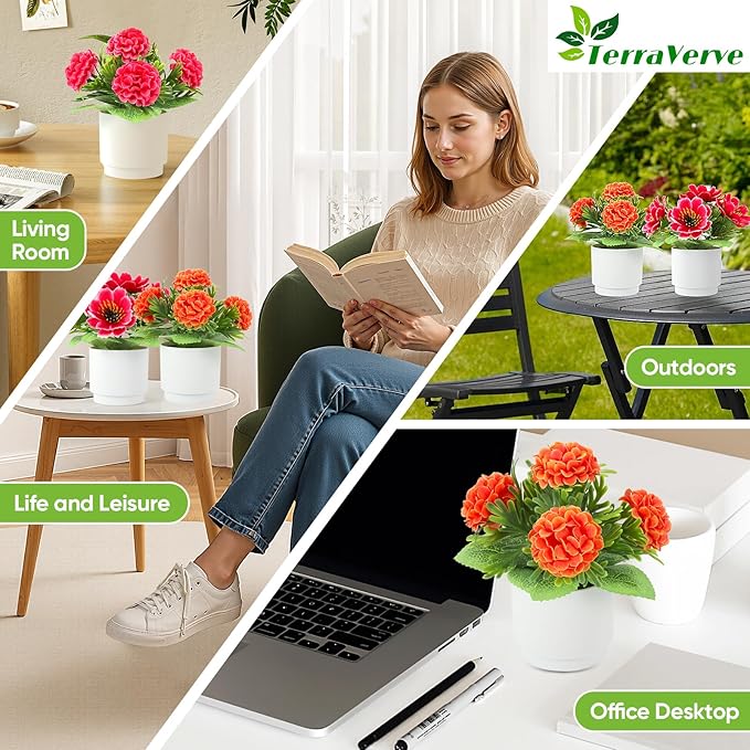 Artificial Plants Set of 4，High Rating Artificialke Flowers|Red Silk Flowers for Home, Office, Bedroom, Bathroom Table Décor & Gifts for Women and Children