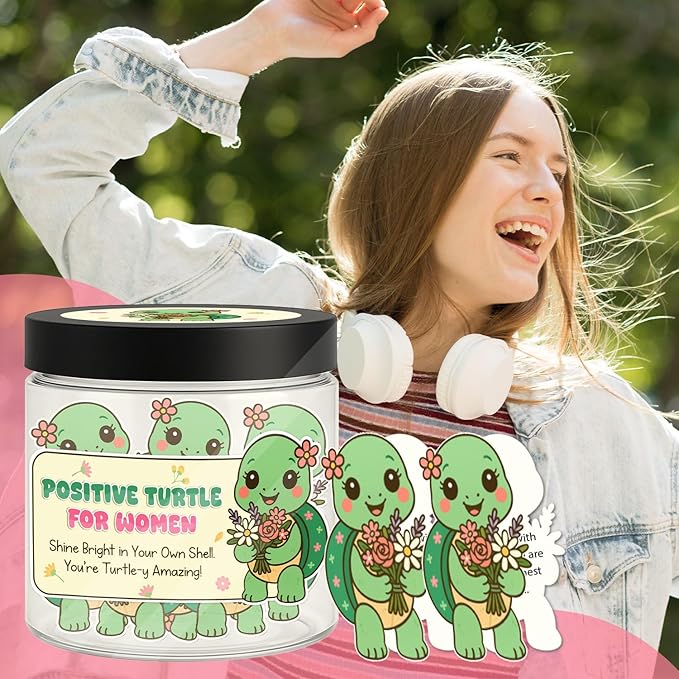 Positive Turtle Affirmation Jar for Women – 60 Daily Motivational Cards, Self Care & Encouragement Gift with Acrylic Keychain and Display Stand, Inspirational Message Jar for Positivity and Confidence