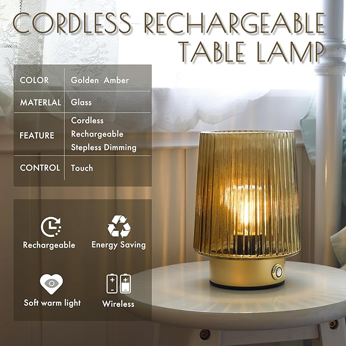 Cordless Lamp Rechargeable Battery Operated lamp, Glass Small Table lamp - Portable Dimmable Brightness Touch Wireless Bedside Lamp for Bedroom/Kitchen/Entryway/Home Living Room Decor, Yellow