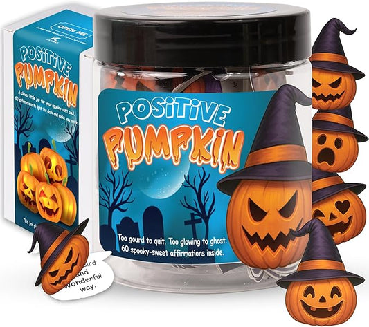 Positive Pumpkin Jar, Affirmation Jar – Halloween Gifts for Kids, Teens, Women – 60 Cute Pumpkin Cards for Emotional Support, Halloween Decor, Trick or Treat Basket Stuffer