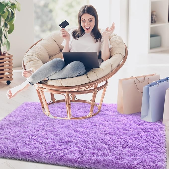 Merelax Soft Modern Indoor Shaggy Area Rug for Bedroom Livingroom Dorm Kids Room Home Decorative, Non-Slip Plush Fluffy Furry Fur Rugs Comfy Nursery Accent Floor Carpet 3x5 Feet, Purple