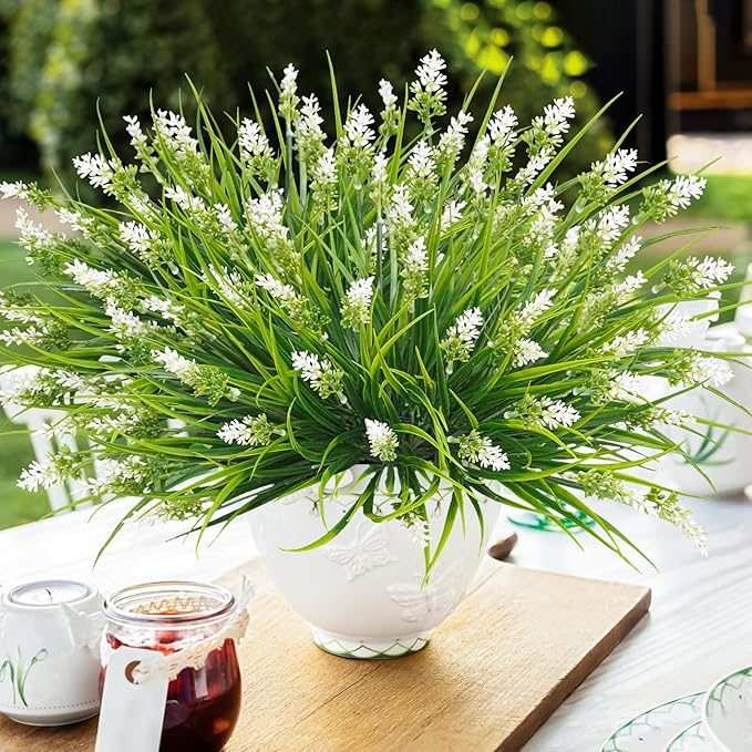 36 Bundles Artificial Plants Outdoor, 18.2" UV Resistant Faux Monkey Grass Greenery Stems No Fade Faux Plastic Flowers Shrubs for Home Weddings Garden Porch Front Patio Office Decor- White