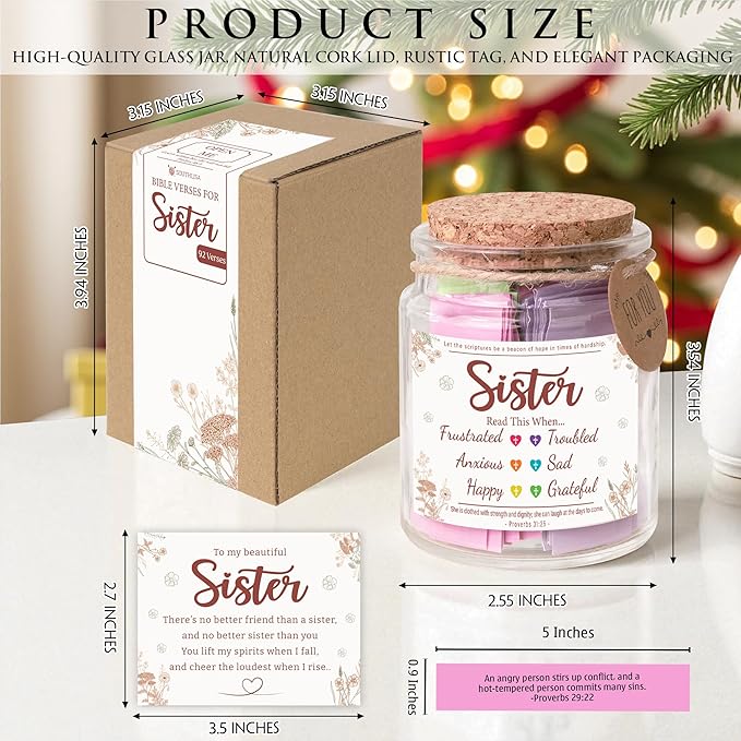 Bible Verse Jar for Sister – 92 Color-Coded Scriptures for Encouragement, Birthday Present for Sister from Mom, Daughter-in-Law Gift Idea, Faith & Comfort Jar, Inspirational Christmas Gift for Sister