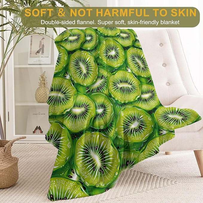 Fresh Kiwifruit Throw Blanket 50x60 in, Fresh Green Kiwi Fruit Blankets for Couch Bedroom Living Room Indoor Decor, Lightweight Soft Cozy Bedding Birthday Gift for Kids Boys Adults